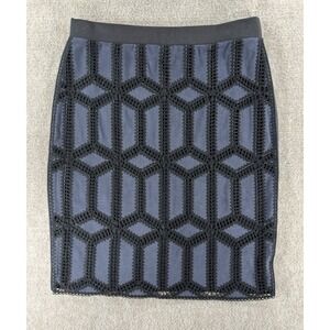 Cato Black Geometric Crochet Lace Overlay Pencil Skirt Medium Faux Suede Front